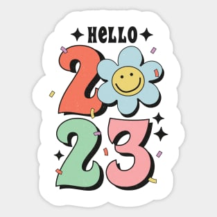 Hello 2023 Groovy Retro Happy Daisy Flower New Year Gift Sticker